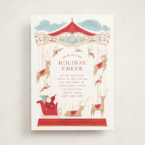 This is a holly red holiday party invitations with standard by Grae called santa carousel printing on signature in standard