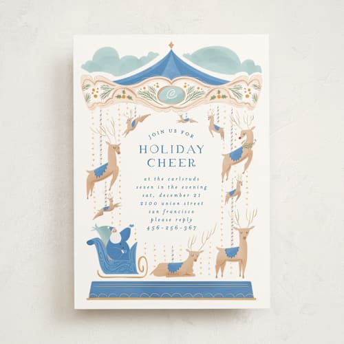 This is a glacier dream holiday party invitations with standard by Grae called santa carousel printing on signature in standard