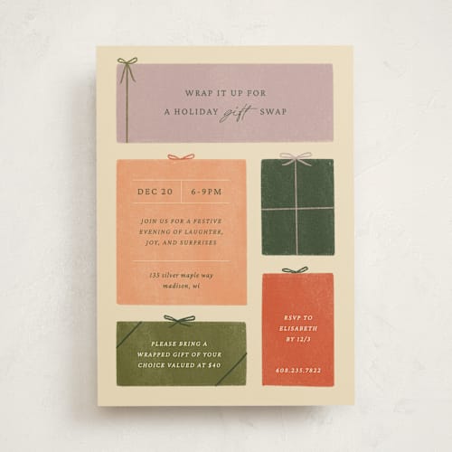 This is a cream holiday party invitations with standard by Sierra Lee called holiday gift swap printing on signature in standard