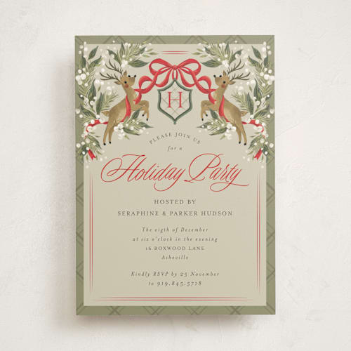 This is a latte holiday party invitations with standard by Jackie Crawford called reindeer crest printing on signature in standard