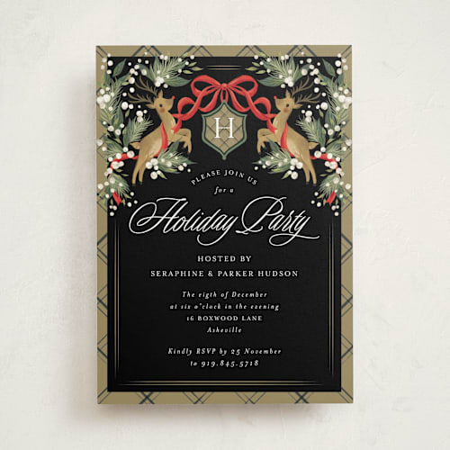 This is a coal holiday party invitations with standard by Jackie Crawford called reindeer crest printing on signature in standard
