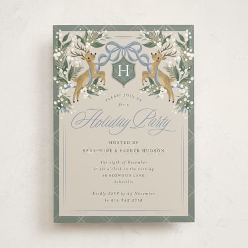 This is a juniper holiday party invitations with standard by Jackie Crawford called reindeer crest printing on signature in standard