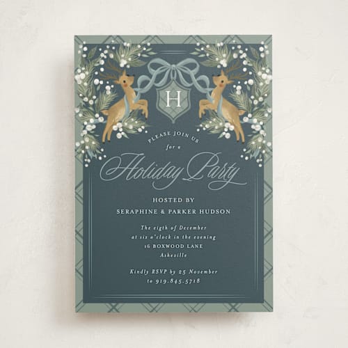 This is a frost holiday party invitations with standard by Jackie Crawford called reindeer crest printing on signature in standard