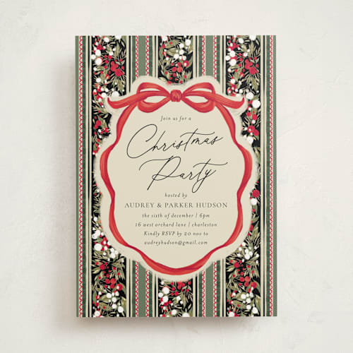 This is a ruby holiday party invitations with standard by Jackie Crawford called holiday ribbon printing on signature in standard