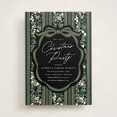This is a coal holiday party invitations with standard by Jackie Crawford called holiday ribbon printing on signature in standard