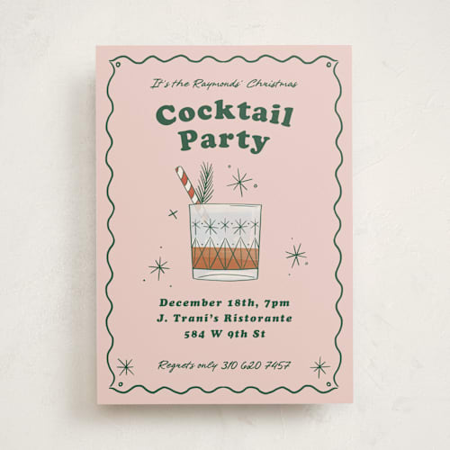 This is a dusty pink holiday party invitations with standard by Becky Nimoy called holiday cocktails printing on signature in standard