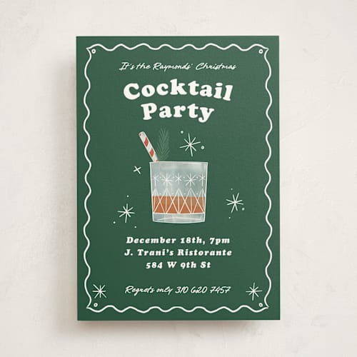 This is a forest green holiday party invitations with standard by Becky Nimoy called holiday cocktails printing on signature in standard