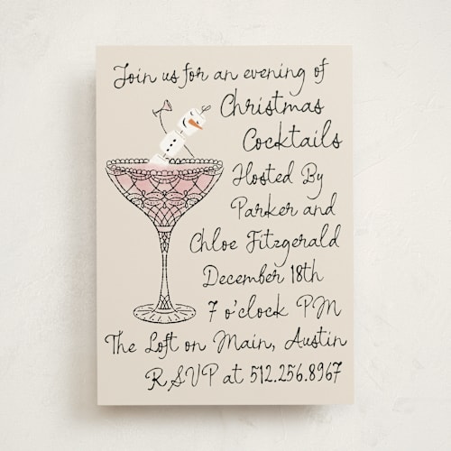 This is a pink berry holiday party invitations with standard by Jackie Crawford called snowman martini printing on signature in standard
