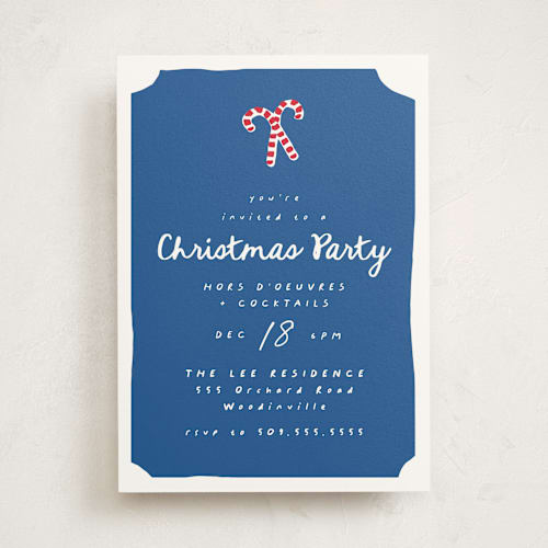 This is a cobalt holiday party invitations with standard by AK Graphics called candycanes printing on signature in standard