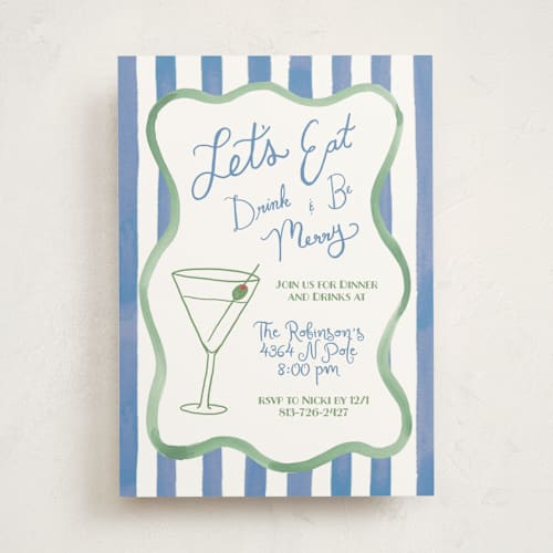 This is a sky holiday party invitations with standard by Little Blue Designs called eat, drink, and be merry printing on signature in standard