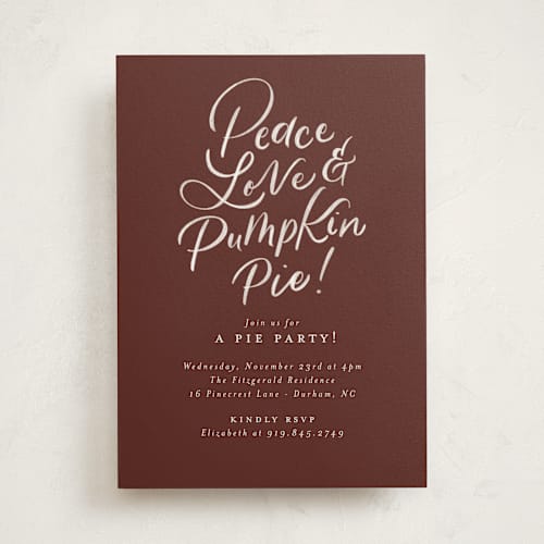 This is a nutmeg holiday party invitations with standard by Jackie Crawford called hand letter pumpkin pie printing on signature in standard