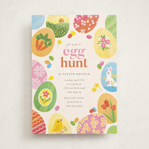 This is a eggshell holiday party invitations with standard by Laura Moyer called egg hunt printing on signature in standard