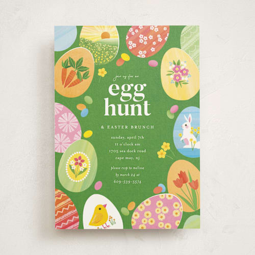This is a grass holiday party invitations with standard by Laura Moyer called egg hunt printing on signature in standard