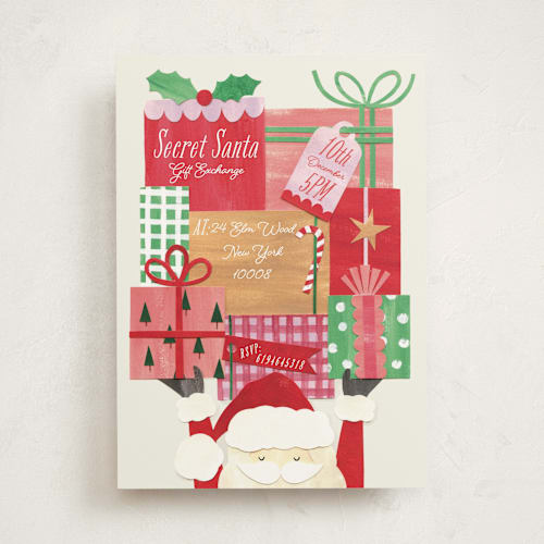 This is a jolly holiday party invitations with standard by Sarah Knight called secret santa printing on signature in standard
