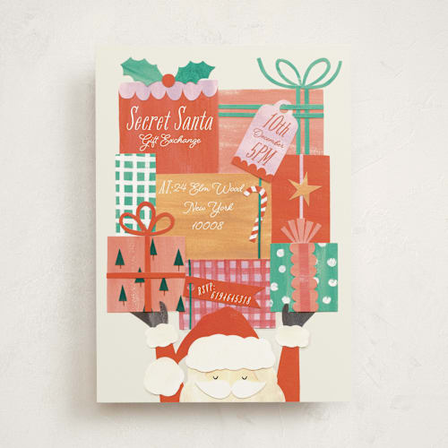 This is a retro holiday party invitations with standard by Sarah Knight called secret santa printing on signature in standard