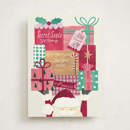 This is a cranberry jelly holiday party invitations with standard by Sarah Knight called secret santa printing on signature in standard