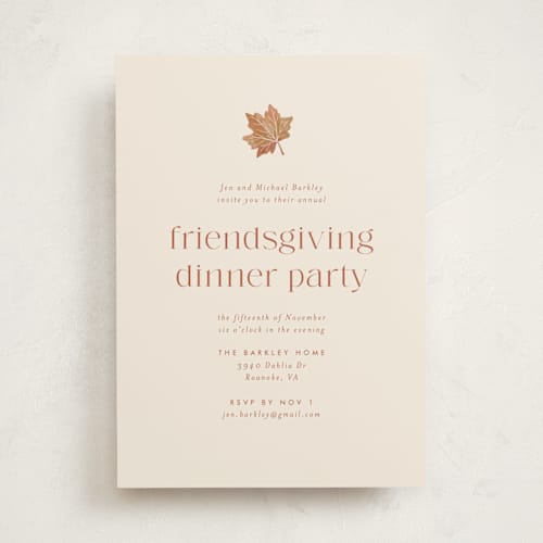 This is a mashed potatoes holiday party invitations with standard by Amy Payne called friendsgiving leaf printing on signature in standard