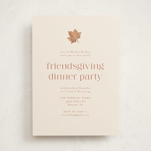 This is a mashed potatoes holiday party invitations with standard by Amy Payne called friendsgiving leaf printing on signature in standard