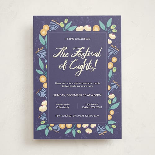 This is a grape holiday party invitations with standard by Julia Simons called festival of lights party invitation printing on signature in standard