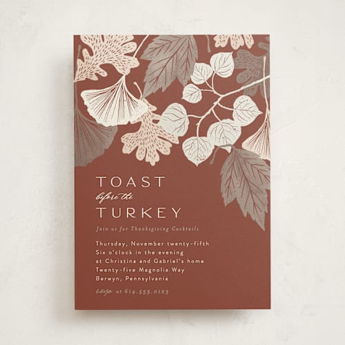 This is a latte holiday party invitations with standard by Alethea and Ruth called leaf cascade printing on signature in standard