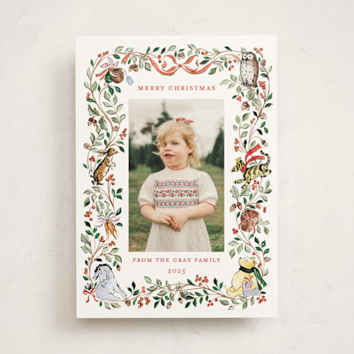 This is a christopher robin holiday photo cards with standard by Sarah Knight called hundred aker wreath printing on signature in standard