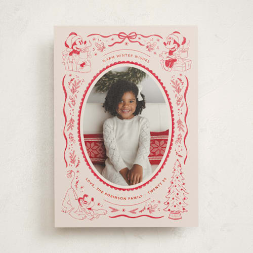 This is a santa suit holiday photo cards with standard by Creo Study called disney's mickey n' friends warm wishes printing on signature in standard