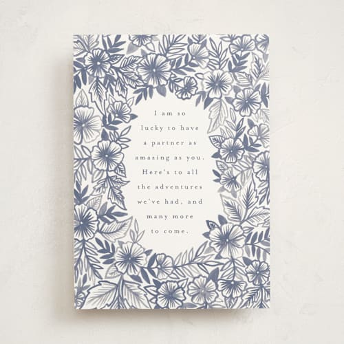 This is a navy anniversary cards with standard by Katharine Watson called anniversary floral printing on signature in greeting cards