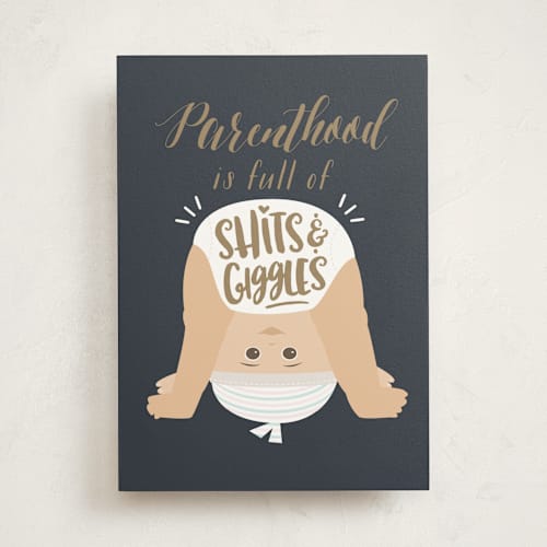 This is a navy new baby greeting cards with standard by Jennifer Postorino called shits & giggles printing on signature in greeting cards