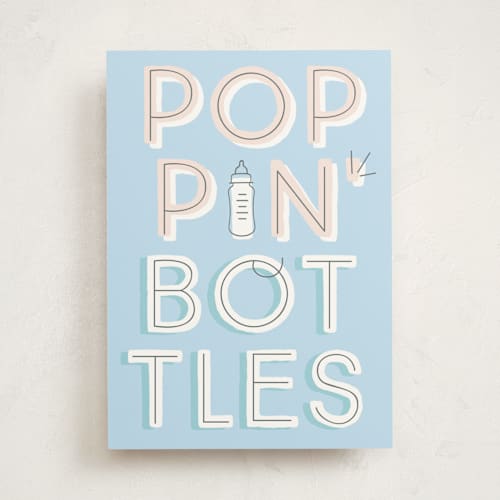 This is a baby blue new baby greeting cards with standard by Baumbirdy called poppin bottles printing on signature in greeting cards