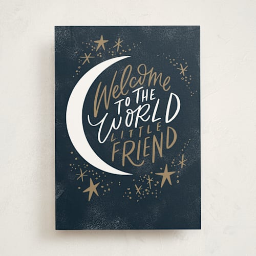 This is a navy new baby greeting cards with standard by Alethea and Ruth called welcome little friend printing on signature in greeting cards