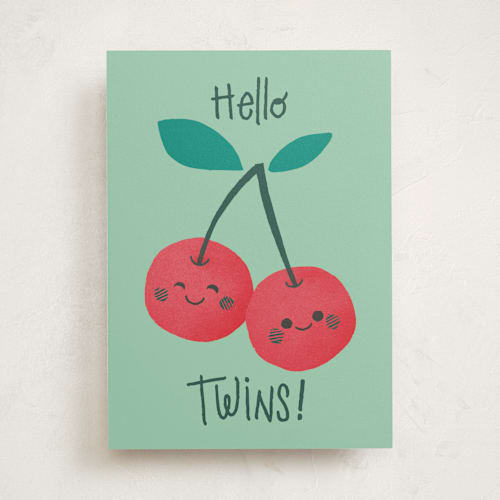 This is a mint new baby greeting cards with standard by Leia Matt called cherry pair printing on signature in greeting cards