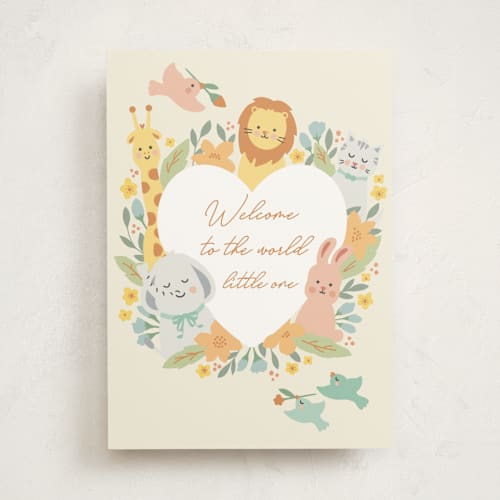 This is a cream new baby greeting cards with standard by Christy Hy Lee called nursery animals printing on signature in greeting cards