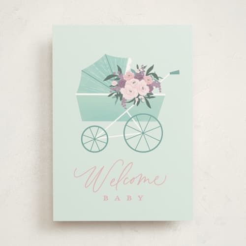 This is a mint new baby greeting cards with standard by Everett Paper Goods called floral pram printing on signature in greeting cards