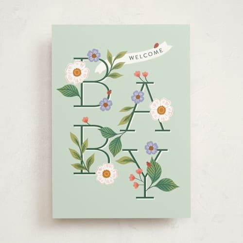 This is a seafoam new baby greeting cards with standard by Paper Raven Co. called sweet little baby printing on signature in greeting cards