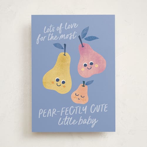 This is a periwinkle new baby greeting cards with standard by Leia Matt called pear-fectly cute printing on signature in greeting cards