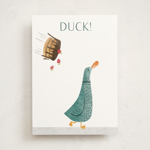 This is a teal birthday cards with standard by Gila von Meissner called duck! printing on signature in greeting cards