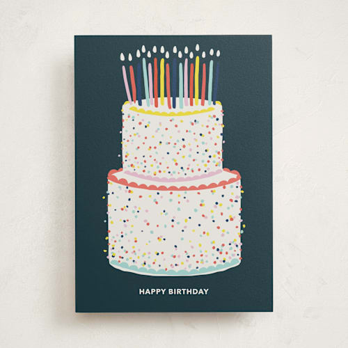 This is a navy birthday cards with standard by Mencía called happy birthday cake printing on signature in greeting cards