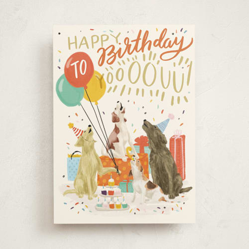 This is a beige birthday cards with standard by Shiny Penny Studio called birthday howls printing on signature in greeting cards