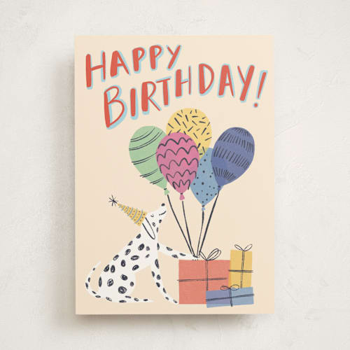 This is a cream birthday cards with standard by Pati Cascino called let's paw-ty printing on signature in greeting cards