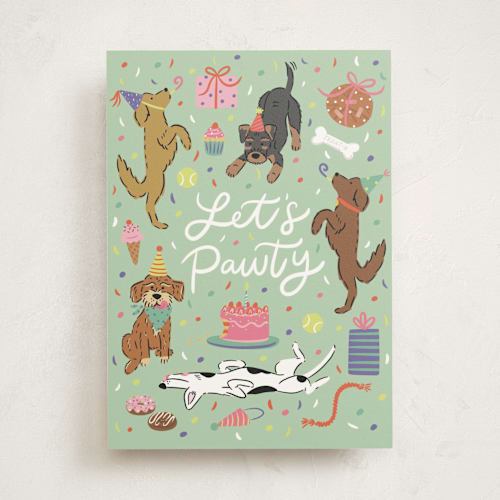 This is a mint birthday cards with standard by Lauren Jinhee called let's pawty printing on signature in greeting cards