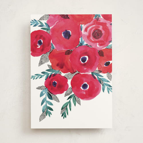 This is a deep carmine greeting cards with standard by Alexandra Dzh called red flowers bouquet printing on signature in greeting cards