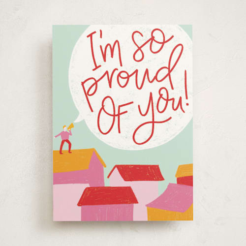 This is a cherry congratulations cards with standard by Lissabeth Anglin called from the rooftops printing on signature in greeting cards