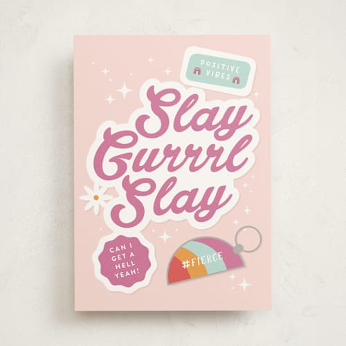 This is a baby pink congratulations cards with standard by Corinne Malesic called slay gurrrl printing on signature in greeting cards
