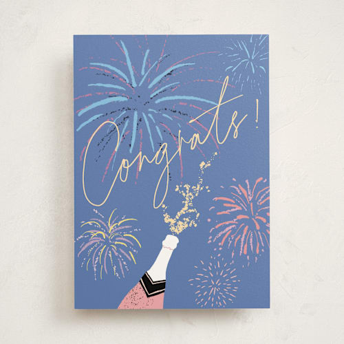 This is a denim congratulations cards with standard by Cass Loh called champagne and fireworks printing on signature in greeting cards