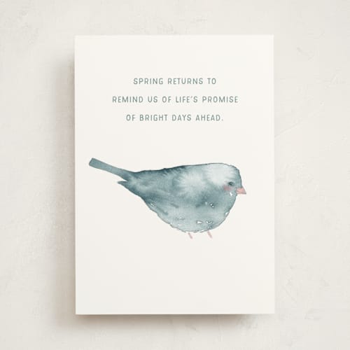 This is a light blue greeting cards with standard by Renee Anne Bouffard-McManus called blushing bird 2 printing on signature in greeting cards