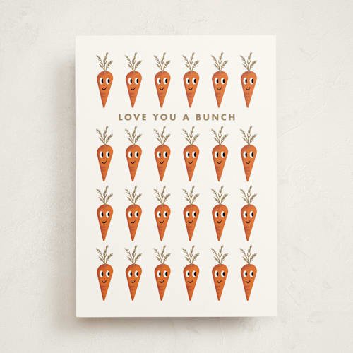 This is a carrot greeting cards with standard by mo kelley called love you a bunch printing on signature in greeting cards