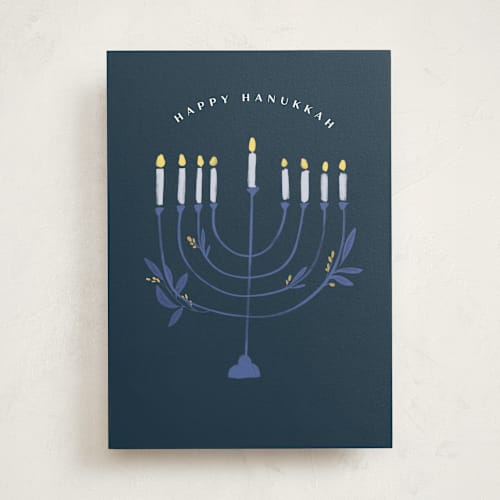 This is a navy﻿ greeting cards with standard by Creo Study called hanukkah menorah printing on signature in greeting cards
