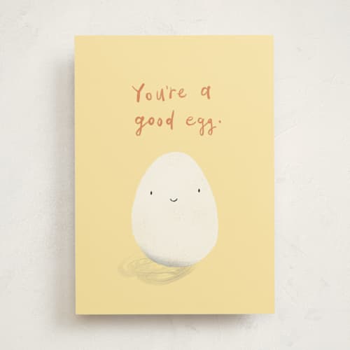 This is a sunshine greeting cards with standard by Holly Rose called good egg printing on signature in greeting cards