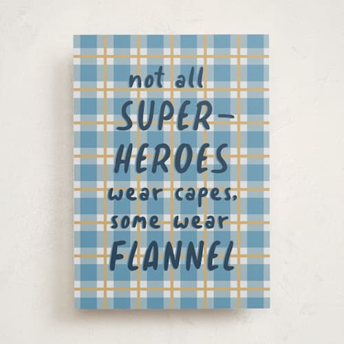 This is a blue plaid fathers day cards with standard by Zani van Zyl called flannel hero printing on signature in greeting cards
