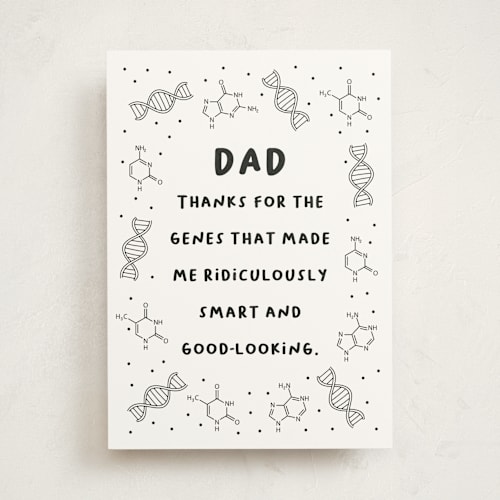 This is a cream fathers day cards with standard by Nam Bourassa called dad genes printing on signature in greeting cards